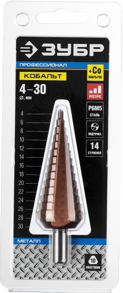 Сверло ступенчатое ЗУБР КОБАЛЬТ, 4-30мм,14 ступеней, сталь Р6М5, Профессион арт.29672-4-30-14 фото2