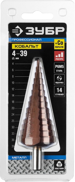 Сверло ступенчатое ЗУБР КОБАЛЬТ 4-39мм, 14 ступеней,  кобальтовое покрытие, 29672-4-39-14_z01 фото2