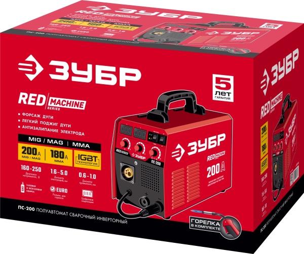 Аппарат сварочный, инверторный, полуавтоматический ПС-200 ЗУБР 30-200 А, MIG MAG MMA фото2