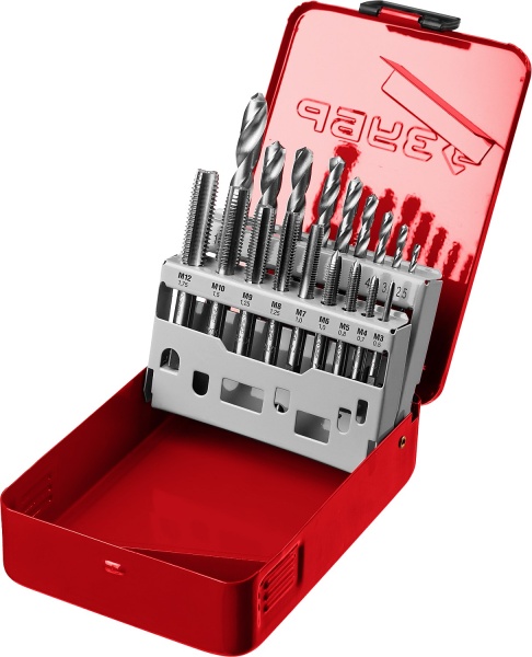 Набор метчиков ЗУБР 18 предм,9ХС, сверла Р6М5, резьбонарезной, арт. 28115-H18 фото3